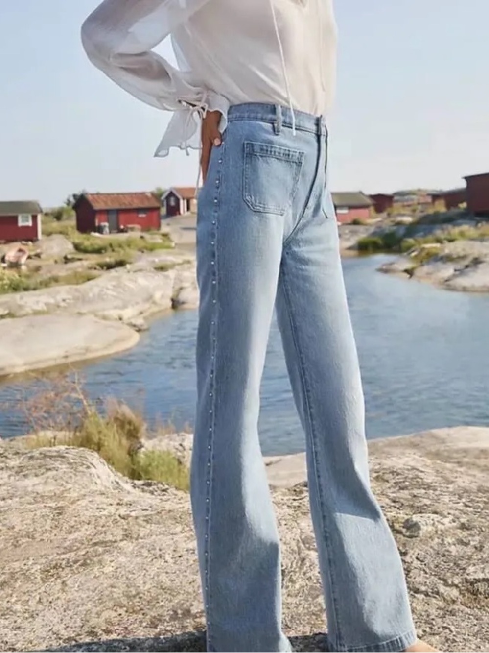 LOFT The relaxed flare Light Blue Studded-Trim Wide Leg Jeans - Women's